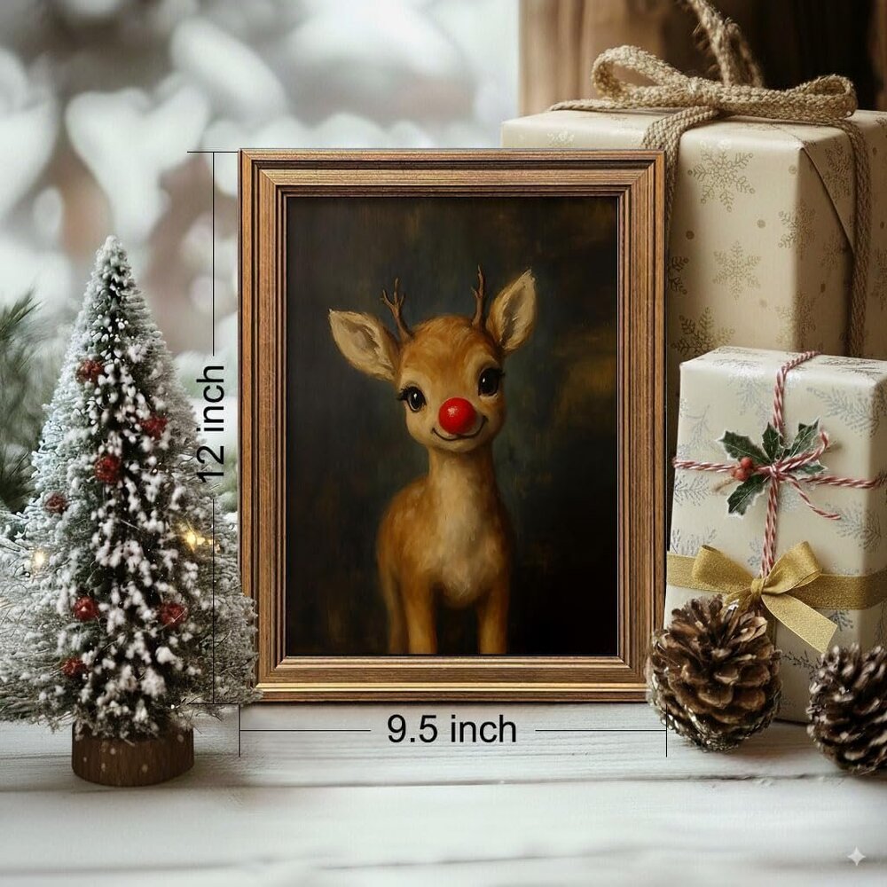 Vintage Christmas Wall Art Decor Gold Framed Clown Reindeer Picture Painting - Picture 4 of 7